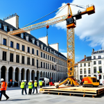 A bustling scene of a large-scale public art installation being meticulously constructed in a historic European city square, reminiscent of France. Professional engineers and artists, fully clothed in modest, durable work attire and safety gear, are coordinating efforts around towering scaffolding and a large crane. The art piece is a complex, modern sculpture, partially complete, harmonizing with the surrounding traditional architecture. Bright daylight, professional photography style, high quality, realistic, safe for work, appropriate content, perfect anatomy, natural proportions, well-formed hands, proper finger count, family-friendly.