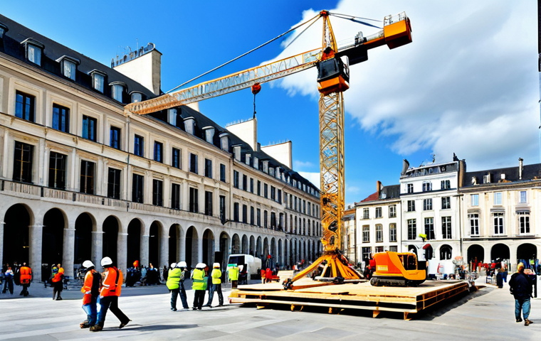 A bustling scene of a large-scale public art installation being meticulously constructed in a historic European city square, reminiscent of France. Professional engineers and artists, fully clothed in modest, durable work attire and safety gear, are coordinating efforts around towering scaffolding and a large crane. The art piece is a complex, modern sculpture, partially complete, harmonizing with the surrounding traditional architecture. Bright daylight, professional photography style, high quality, realistic, safe for work, appropriate content, perfect anatomy, natural proportions, well-formed hands, proper finger count, family-friendly.