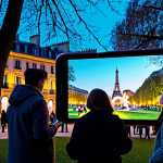 A diverse group of city dwellers, including a family, fully clothed in modest, appropriate attire, gathered in a beautiful Parisian public park at dusk. They are captivated, observing vibrant augmented reality art, visible as magical, ethereal light sculptures and mythological creatures appearing to float among the trees and historic architecture through their smartphone screens. The scene captures wonder and connection, with soft, ambient lighting. Professional photography, high quality, safe for work, appropriate content, fully clothed, family-friendly, perfect anatomy, correct proportions, natural pose, well-formed hands, proper finger count, natural body proportions.