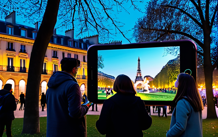A diverse group of city dwellers, including a family, fully clothed in modest, appropriate attire, gathered in a beautiful Parisian public park at dusk. They are captivated, observing vibrant augmented reality art, visible as magical, ethereal light sculptures and mythological creatures appearing to float among the trees and historic architecture through their smartphone screens. The scene captures wonder and connection, with soft, ambient lighting. Professional photography, high quality, safe for work, appropriate content, fully clothed, family-friendly, perfect anatomy, correct proportions, natural pose, well-formed hands, proper finger count, natural body proportions.