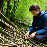 A professional artist, fully clothed in modest, practical outdoor attire, thoughtfully interacts with the natural environment, arranging found river stones and woven willow branches to create a harmonious, temporary land art installation on a mossy forest floor. Soft, dappled sunlight filters through the leaves, highlighting textures. The focus is on respectful interaction with nature and the artist's hands at work. safe for work, appropriate content, professional, perfect anatomy, correct proportions, natural pose, well-formed hands, proper finger count, professional photography, high quality, serene atmosphere.