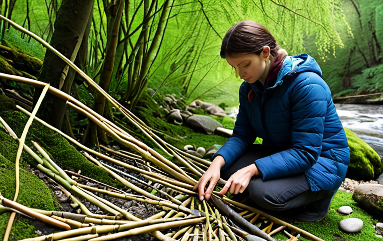 A professional artist, fully clothed in modest, practical outdoor attire, thoughtfully interacts with the natural environment, arranging found river stones and woven willow branches to create a harmonious, temporary land art installation on a mossy forest floor. Soft, dappled sunlight filters through the leaves, highlighting textures. The focus is on respectful interaction with nature and the artist's hands at work. safe for work, appropriate content, professional, perfect anatomy, correct proportions, natural pose, well-formed hands, proper finger count, professional photography, high quality, serene atmosphere.