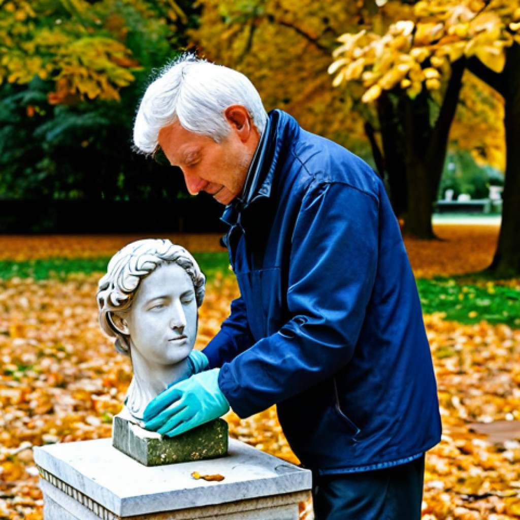 Preserving an Outdoor Sculpture**

"A fully clothed art conservator meticulously cleaning a weathered stone sculpture in a public park, appropriate attire, safe for work, perfect anatomy, natural proportions, professional photography, high quality. The sculpture is surrounded by autumn foliage. Focus on the detail of the conservation work and the contrast between the aged stone and the careful restoration. Modest and professional setting."

**