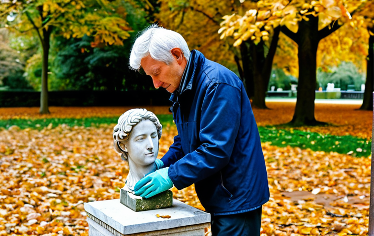 Preserving an Outdoor Sculpture**

"A fully clothed art conservator meticulously cleaning a weathered stone sculpture in a public park, appropriate attire, safe for work, perfect anatomy, natural proportions, professional photography, high quality. The sculpture is surrounded by autumn foliage. Focus on the detail of the conservation work and the contrast between the aged stone and the careful restoration. Modest and professional setting."

**