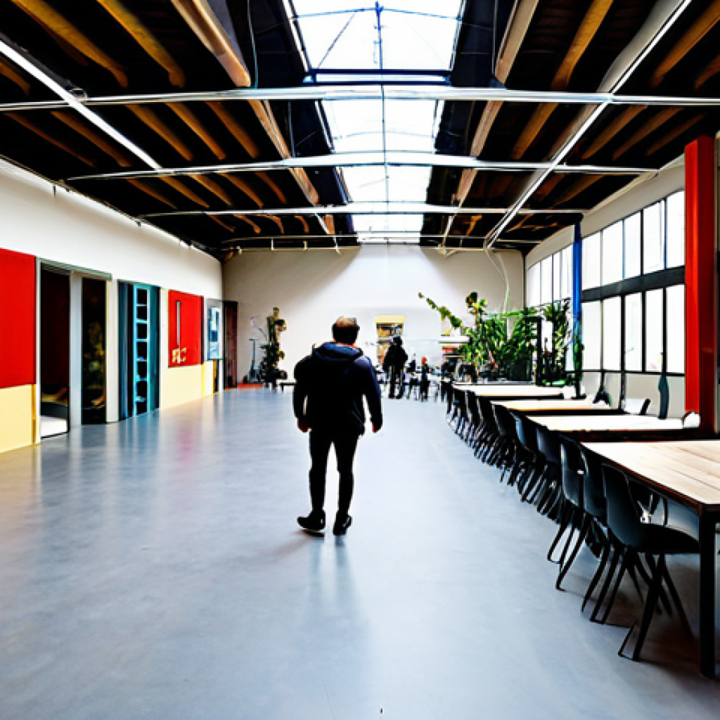 Halle Tropisme - Creative Hub**
"Interior view of the Halle Tropisme in Montpellier, France. Artists, entrepreneurs, and visitors are interacting within the renovated industrial space. The scene includes exposed brick, metal structures, contemporary art installations, and coworking areas. People are fully clothed and engaged in creative activities. Focus on the vibrant and collaborative atmosphere. safe for work, appropriate content, fully clothed, professional, perfect anatomy, natural proportions, high quality."
**