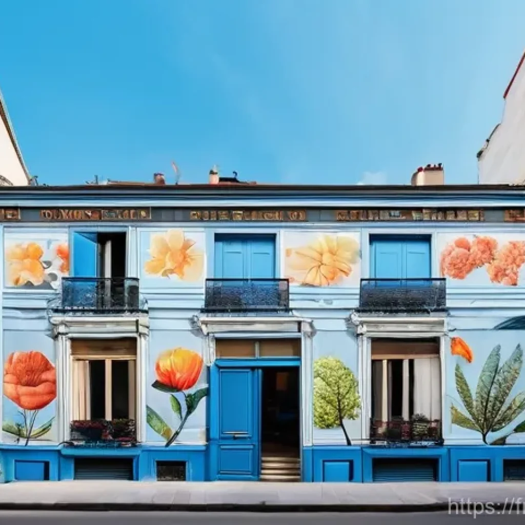 장소 특정적 예술과 다양한 매체 활용 사례 - **Urban Mural in Paris:** A wide shot of a vibrant, detailed mural painted across the entire side of...