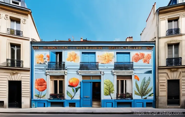 장소 특정적 예술과 다양한 매체 활용 사례 - **Urban Mural in Paris:** A wide shot of a vibrant, detailed mural painted across the entire side of...