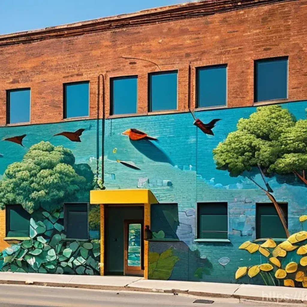 장소 특정적 예술의 사회적 영향 - **Prompt:** A vibrant, large-scale community mural on the side of a revitalized, weathered industria...