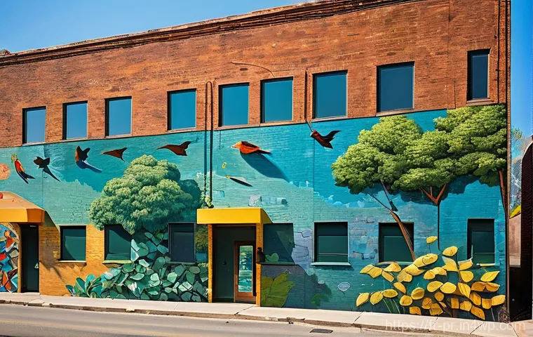 장소 특정적 예술의 사회적 영향 - **Prompt:** A vibrant, large-scale community mural on the side of a revitalized, weathered industria...