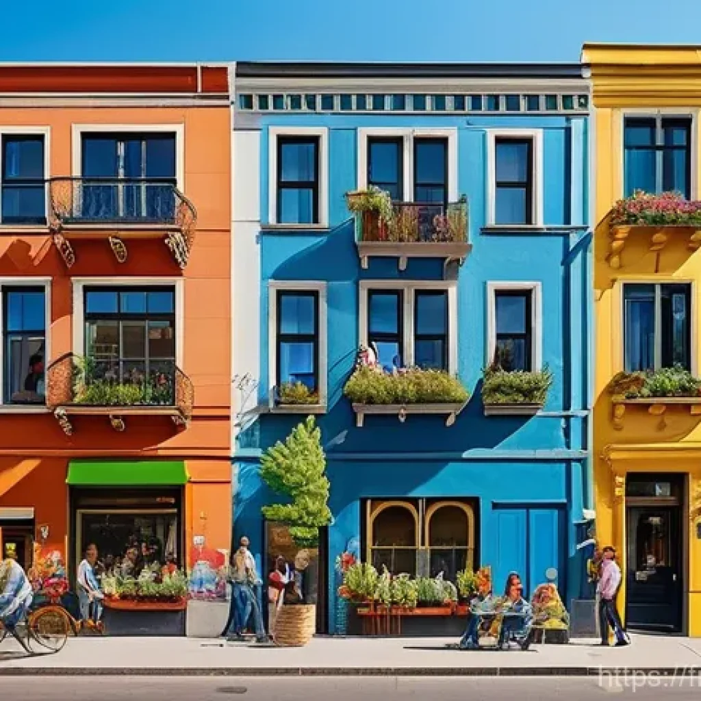 장소 특정적 예술의 정체성 형성 - **Urban Community Mural**: A large-scale, vibrant mural on the side of an old apartment building in ...