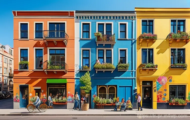 장소 특정적 예술의 정체성 형성 - **Urban Community Mural**: A large-scale, vibrant mural on the side of an old apartment building in ...