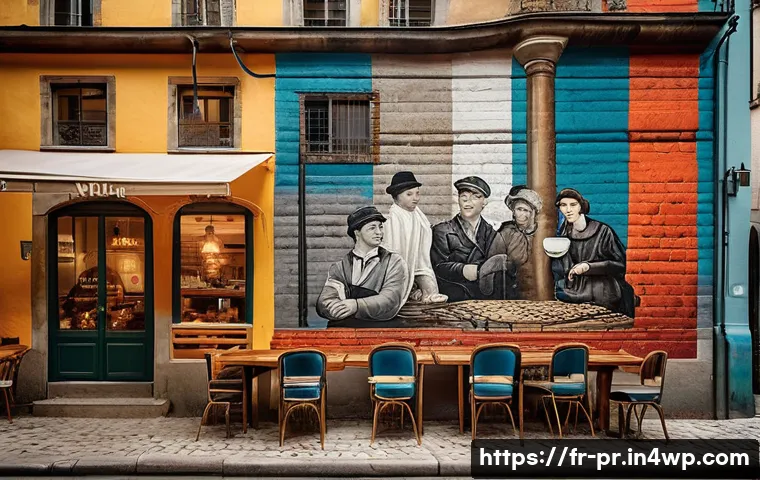 장소 특정적 예술과 사회적 역할의 중요성 - A vibrant street mural in a historic Lyon neighborhood depicting the local working-class struggles a...