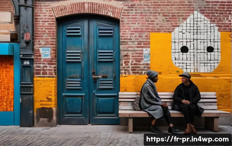 장소 특정적 예술 프로젝트의 평가 방법 - A vibrant urban art installation set in a historic French industrial district at dusk, featuring lar...