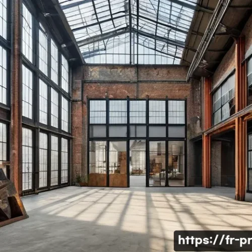 Home 33 장소 특정적 예술 접근의 이론적 기초 - A contemporary art installation set within an old industrial building in Paris, featuring large-scal...