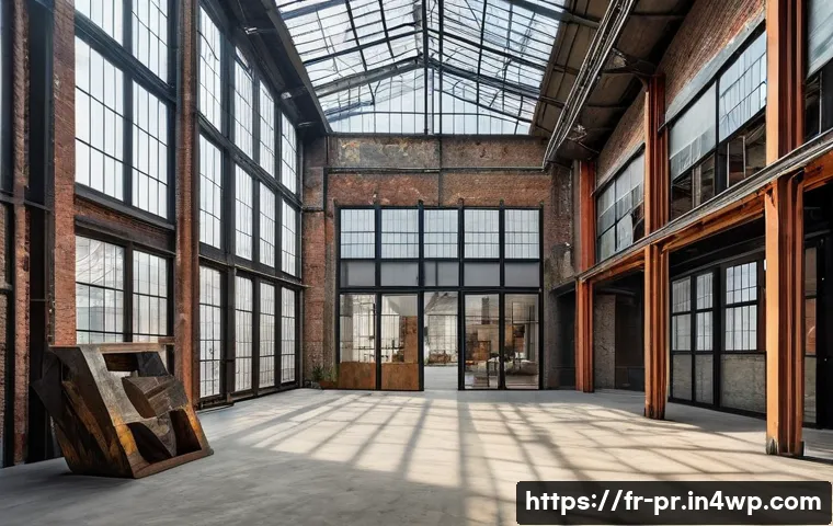 장소 특정적 예술 접근의 이론적 기초 - A contemporary art installation set within an old industrial building in Paris, featuring large-scal...