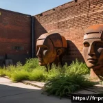 Home 20 장소 특정적 예술의 비판적 분석 - A large-scale outdoor installation in an urban industrial wasteland, featuring weathered rusty metal...