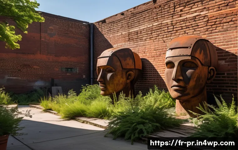 장소 특정적 예술의 비판적 분석 - A large-scale outdoor installation in an urban industrial wasteland, featuring weathered rusty metal...