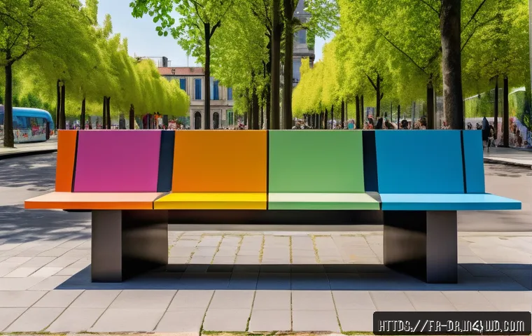 장소 특정적 예술과 인프라 구축 - A vibrant urban park in a French city featuring site-specific art installations made from recycled i...