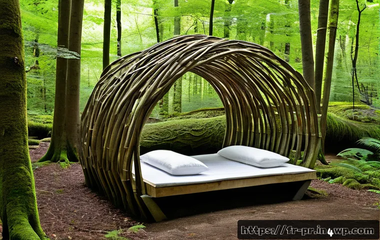 장소 특정적 예술 접근의 사례 연구 - A delicate, ephemeral art installation made of interwoven branches forming a fragile shelter in a lu...