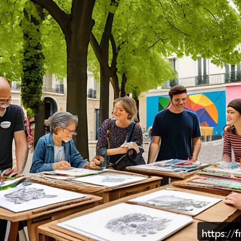 장소 특정적 예술의 커뮤니티 참여 방법 - A vibrant community art workshop set in a charming Parisian neighborhood courtyard during springtime...