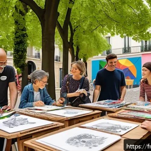 장소 특정적 예술의 커뮤니티 참여 방법 - A vibrant community art workshop set in a charming Parisian neighborhood courtyard during springtime...