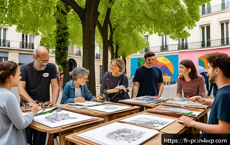 장소 특정적 예술의 커뮤니티 참여 방법 - A vibrant community art workshop set in a charming Parisian neighborhood courtyard during springtime...