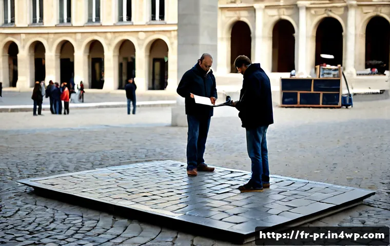 장소 특정적 예술의 실행 단계 - Photorealistic documentary scene of a site-specific art team surveying a historic French public squa...